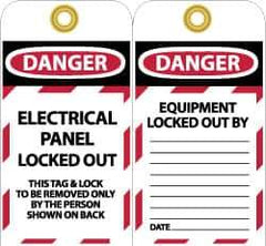 NMC - 3" High x 6" Long, DANGER - ELECTRICAL PANEL LOCKED OUT - THIS TAG & LOCK TO BE REMOVED ONLY BY THE PERSON SHOWN ON BACK, English Safety & Facility Lockout Tag - Tag Header: Danger, 2 Sides, Black, Red & White Unrippable Vinyl - Eagle Tool & Supply