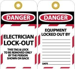 NMC - 3" High x 6" Long, DANGER - ELECTRICIAN LOCK-OUT - THIS TAG & LOCK TO BE REMOVED ONLY BY THE PERSON SHOWN ON BACK, English Safety & Facility Lockout Tag - Tag Header: Danger, 2 Sides, Black, Red & White Unrippable Vinyl - Eagle Tool & Supply