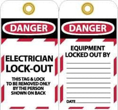 NMC - 3" High x 6" Long, DANGER - ELECTRICIAN LOCK-OUT - THIS TAG & LOCK TO BE REMOVED ONLY BY THE PERSON SHOWN ON BACK, English Safety & Facility Lockout Tag - Tag Header: Danger, 2 Sides, Black, Red & White Unrippable Vinyl - Eagle Tool & Supply