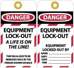 NMC - 3" High x 6" Long, DANGER - EQUIPMENT LOCK-OUT - A LIFE IS ON THE LINE! THIS TAG & LOCK TO BE REMOVED ONLY BY THE PERSON SHOWN ON BACK, English Safety & Facility Lockout Tag - Tag Header: Danger, 2 Sides, Black, Red & White Unrippable Vinyl - Eagle Tool & Supply