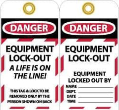 NMC - 3" High x 6" Long, DANGER - EQUIPMENT LOCK-OUT - A LIFE IS ON THE LINE! THIS TAG & LOCK TO BE REMOVED ONLY BY THE PERSON SHOWN ON BACK, English Safety & Facility Lockout Tag - Tag Header: Danger, 2 Sides, Black, Red & White Unrippable Vinyl - Eagle Tool & Supply