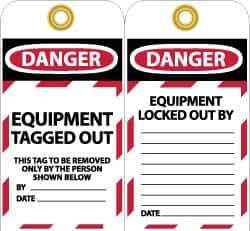 NMC - 3" High x 6" Long, DANGER - EQUIPMENT TAGGED OUT - THIS TAG TO BE REMOVED ONLY BY THE PERSON SHOWN BELOW, English Safety & Facility Lockout Tag - Tag Header: Danger, 2 Sides, Black, Red & White Unrippable Vinyl - Eagle Tool & Supply