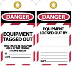 NMC - 3" High x 6" Long, DANGER - EQUIPMENT TAGGED OUT - THIS TAG TO BE REMOVED ONLY BY THE PERSON SHOWN BELOW, English Safety & Facility Lockout Tag - Tag Header: Danger, 2 Sides, Black, Red & White Unrippable Vinyl - Eagle Tool & Supply
