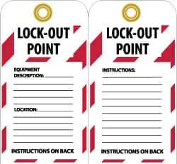 NMC - 3" High x 6" Long, LOCK-OUT POINT, English Safety & Facility Lockout Tag - Tag Header: Notice, 2 Sides, Black, Red & White Unrippable Vinyl - Eagle Tool & Supply