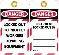 NMC - 3" High x 6" Long, DANGER - LOCKED OUT TO PROTECT WORKERS REPAIRING EQUIPMENT, English Safety & Facility Lockout Tag - Tag Header: Danger, 2 Sides, Black, Red & White Unrippable Vinyl - Eagle Tool & Supply