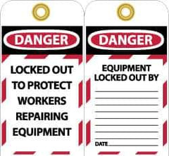 NMC - 3" High x 6" Long, DANGER - LOCKED OUT TO PROTECT WORKERS REPAIRING EQUIPMENT, English Safety & Facility Lockout Tag - Tag Header: Danger, 2 Sides, Black, Red & White Unrippable Vinyl - Eagle Tool & Supply