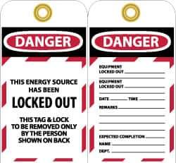 NMC - 3" High x 6" Long, DANGER - THIS ENERGY SOURCE HAS BEEN LOCKED OUT - THIS TAB & LOCK TO BE REMOVED ONLY BY THE PERSON SHOWN ON BACK, English Safety & Facility Lockout Tag - Tag Header: Danger, 2 Sides, Black, Red & White Unrippable Vinyl - Eagle Tool & Supply
