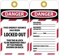 NMC - 3" High x 6" Long, DANGER - THIS ENERGY SOURCE HAS BEEN LOCKED OUT - THIS TAB & LOCK TO BE REMOVED ONLY BY THE PERSON SHOWN ON BACK, English Safety & Facility Lockout Tag - Tag Header: Danger, 2 Sides, Black, Red & White Unrippable Vinyl - Eagle Tool & Supply