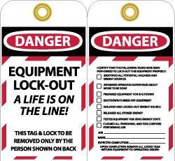 NMC - 3" High x 6" Long, DANGER - EQUIPMENT LOCK-OUT - A LIFE IS ON THE LINE! THIS TAG & LOCK TO BE REMOVED ONLY BY THE PERSON SHOWN ON BACK, English Safety & Facility Lockout Tag - Tag Header: Danger, 2 Sides, Black, Red & White Unrippable Vinyl - Eagle Tool & Supply
