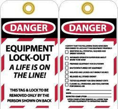 NMC - 3" High x 6" Long, DANGER - EQUIPMENT LOCK-OUT - A LIFE IS ON THE LINE! THIS TAG & LOCK TO BE REMOVED ONLY BY THE PERSON SHOWN ON BACK, English Safety & Facility Lockout Tag - Tag Header: Danger, 2 Sides, Black, Red & White Unrippable Vinyl - Eagle Tool & Supply
