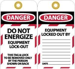 NMC - 3" High x 6" Long, DANGER - DO NOT ENERGIZE - EQUIPMENT LOCK-OUT - THIS TAG & LOCK TO BE REMOVED ONLY BY THE PERSON SHOWN ON BACK, English Safety & Facility Lockout Tag - Tag Header: Danger, 2 Sides, Black, Red & White Unrippable Vinyl - Eagle Tool & Supply