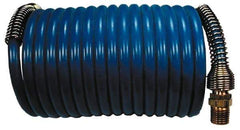 Coilhose Pneumatics - 1/4" ID, 1/4 Thread, 12' Long, Blue Nylon Coiled & Self Storing Hose - 220 Max psi, Male Swivel x Male Swivel - Eagle Tool & Supply