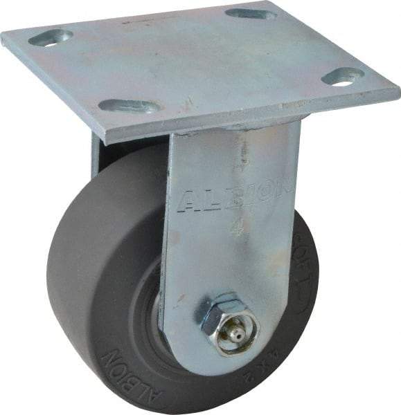 Albion - 4" Diam x 2" Wide x 5-5/8" OAH Top Plate Mount Rigid Caster - Soft Rubber, 350 Lb Capacity, Roller Bearing, 4 x 4-1/2" Plate - Eagle Tool & Supply