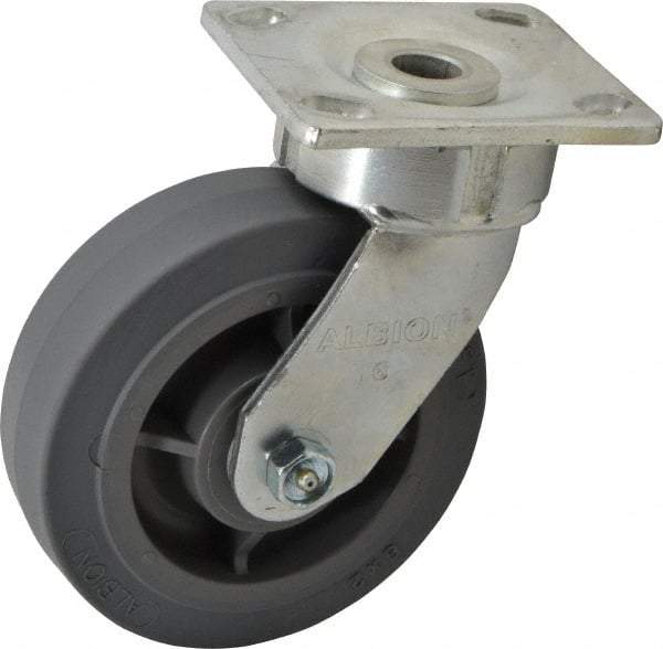 Albion - 6" Diam x 2" Wide x 7-1/2" OAH Top Plate Mount Swivel Caster - Soft Rubber, 600 Lb Capacity, Roller Bearing, 4 x 4-1/2" Plate - Eagle Tool & Supply