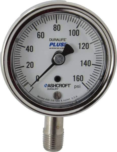 Ashcroft - 2-1/2" Dial, 1/4 Thread, 0-160 Scale Range, Pressure Gauge - Lower Connection Mount, Accurate to 1% of Scale - Eagle Tool & Supply