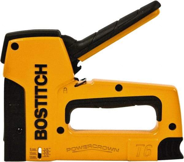 Stanley Bostitch - Manual Staple Gun - 1/4, 5/16, 3/8, 1/2, 9/16" Staples, 84 Lb Capacity, Yellow, Aluminum Die Cast - Eagle Tool & Supply