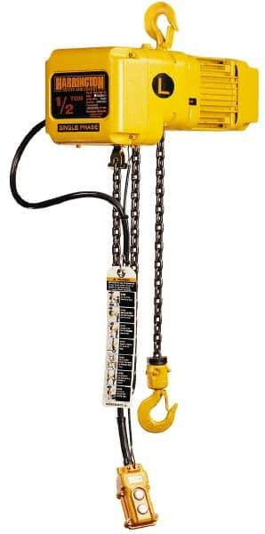Harrington Hoist - 1 Ton Capacity, 7 FPM Lift Speed, Hook Mounted Hoist - 20' Max Lift, 16.1" Min Headroom, 1 Chain - Eagle Tool & Supply