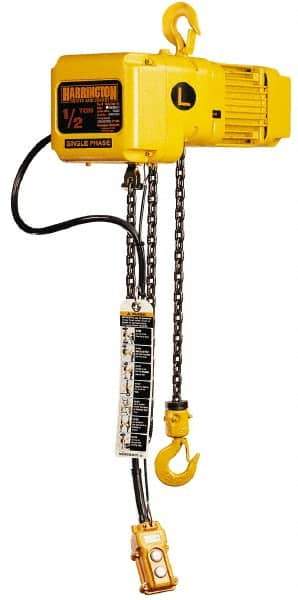 Harrington Hoist - 1/4 Ton Capacity, 14 FPM Lift Speed, Hook Mounted Hoist - 15' Max Lift, 13.8" Min Headroom, 1 Chain - Eagle Tool & Supply