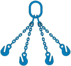 Pewag - 5' Long, 27,500 Lb Basket Capacity, 10,600 Lb Vertical Capacity, 4 Ply, Alloy Steel Web Sling - 10,600 Lb Choker Capacity, QOG Chain Sling, 3/8" Diam Chain, Blue, with 4 Grab Hooks & Master Link - Eagle Tool & Supply