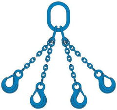 Pewag - 5' Long, 13,500 Lb Basket Capacity, 13,500 Lb Vertical Capacity, 4 Ply, Alloy Steel Web Sling - 4,500 Lb Choker Capacity, QOS Chain Sling, 9/32" Diam Chain, Blue, with 4 Sling Hooks & Master Link - Eagle Tool & Supply