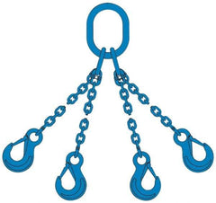 Pewag - 10' Long, 13,500 Lb Basket Capacity, 13,500 Lb Vertical Capacity, 4 Ply, Alloy Steel Web Sling - 4,500 Lb Choker Capacity, QOS Chain Sling, 9/32" Diam Chain, Blue, with 4 Sling Hooks & Master Link - Eagle Tool & Supply