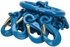 Pewag - 5' Long, 27,500 Lb Basket Capacity, 10,600 Lb Vertical Capacity, 4 Ply, Alloy Steel Web Sling - 10,600 Lb Choker Capacity, QOS Chain Sling, 3/8" Diam Chain, Blue, with 4 Sling Hooks & Master Link - Eagle Tool & Supply