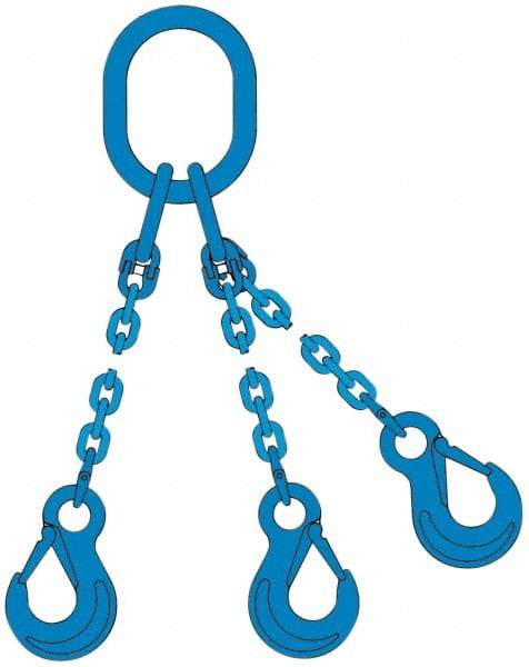 Pewag - 5' Long, 27,500 Lb Basket Capacity, 10,600 Lb Vertical Capacity, 3 Ply, Alloy Steel Web Sling - 10,600 Lb Choker Capacity, TOS Chain Sling, 3/8" Diam Chain, Blue, with 3 Sling Hooks & Master Link - Eagle Tool & Supply