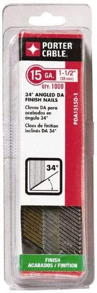 Porter-Cable - 15 Gauge 1-1/2" Long Finishing Nails for Power Nailers - Grade 2 Steel, Bright Finish, Angled Stick Collation, Chisel Point - Eagle Tool & Supply