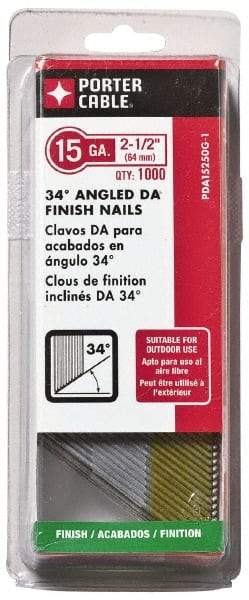 Porter-Cable - 15 Gauge 2-1/2" Long Finishing Nails for Power Nailers - Grade 2 Steel, Galvanized Finish, Angled Stick Collation, Chisel Point - Eagle Tool & Supply