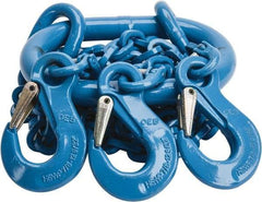 Pewag - 5' Long, 13,500 Lb Basket Capacity, 13,500 Lb Vertical Capacity, 3 Ply, Alloy Steel Web Sling - 4,500 Lb Choker Capacity, TOS Chain Sling, 9/32" Diam Chain, Blue, with 3 Sling Hooks & Master Link - Eagle Tool & Supply