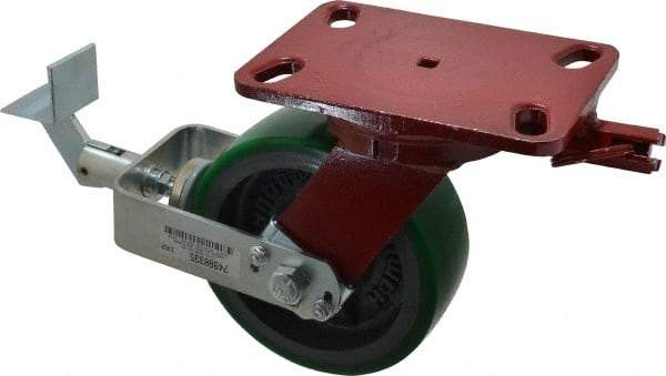 Hamilton - 6" Diam x 2" Wide x 7-3/4" OAH Top Plate Mount Swivel Caster with Brake - Polyurethane, 1,200 Lb Capacity, Precision Sealed Bearing, 4-1/2 x 6-1/2" Plate - Eagle Tool & Supply