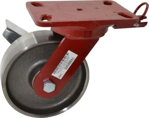 Hamilton - 6" Diam x 2" Wide x 7-3/4" OAH Top Plate Mount Swivel Caster with Brake - Forged Steel, 2,000 Lb Capacity, Roller Bearing, 4-1/2 x 6-1/2" Plate - Eagle Tool & Supply