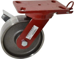 Hamilton - 6" Diam x 2" Wide x 7-3/4" OAH Top Plate Mount Swivel Caster with Brake - Forged Steel, 2,000 Lb Capacity, Roller Bearing, 4-1/2 x 6-1/2" Plate - Eagle Tool & Supply