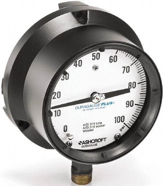 Ashcroft - 6" Dial, 1/2 Thread, 0-15 Scale Range, Pressure Gauge - Lower Connection Mount, Accurate to 0.5% of Scale - Eagle Tool & Supply