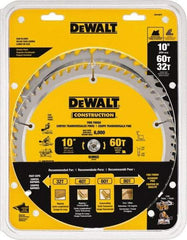 DeWALT - 10" Diam, 5/8" Arbor Hole Diam, 32 & 60 Tooth Wet & Dry Cut Saw Blade - Carbide-Tipped, Fine Finish & General Purpose Action, Standard Round Arbor - Eagle Tool & Supply