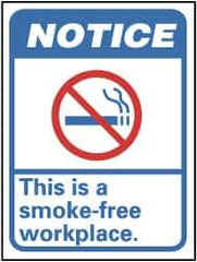 NMC - "Notice - This Is a Smoke-Free Workplace", 14" Long x 10" Wide, Pressure-Sensitive Vinyl Safety Sign - Rectangle, 0.004" Thick, Use for Security & Admittance - Eagle Tool & Supply