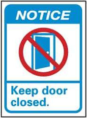 NMC - "Notice - Keep Door Closed", 14" Long x 10" Wide, Rigid Plastic Safety Sign - Rectangle, 0.05" Thick, Use for Security & Admittance - Eagle Tool & Supply