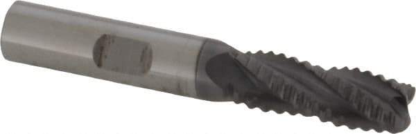 ProMax - 3/8" Diam, Coarse Pitch, 7/8" LOC, 4 Flute Solid Carbide 0.055-0.065" Corner Radius Roughing End Mill - AlTiN Finish, 2-1/2" OAL, 3/8" Shank Diam, Single End, Centercutting, 30° Helix - Eagle Tool & Supply