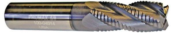 ProMax - 9/16" Diam, Coarse Pitch, 1-1/4" LOC, 4 Flute Solid Carbide 0.055-0.065" Corner Radius Roughing End Mill - AlTiN Finish, 3-1/2" OAL, 9/16" Shank Diam, Single End, Centercutting, 30° Helix - Eagle Tool & Supply