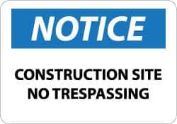 NMC - "Notice - Construction Site - No Trespassing", 10" Long x 14" Wide, Aluminum Safety Sign - Rectangle, 0.04" Thick, Use for Security & Admittance - Eagle Tool & Supply