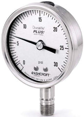 Ashcroft - 3-1/2" Dial, 1/4 Thread, 30-0-15 Scale Range, Pressure Gauge - Lower Connection Mount, Accurate to 1% of Scale - Eagle Tool & Supply