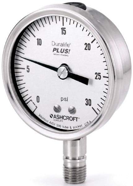 Ashcroft - 3-1/2" Dial, 1/4 Thread, 30-0-15 Scale Range, Pressure Gauge - Center Back Connection Mount, Accurate to 1% of Scale - Eagle Tool & Supply