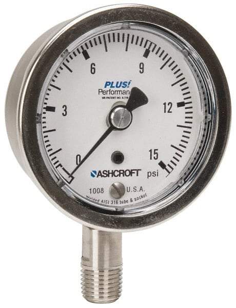 Ashcroft - 2-1/2" Dial, 1/4 Thread, 0-15 Scale Range, Pressure Gauge - Lower Connection Mount, Accurate to 3-2-3% of Scale - Eagle Tool & Supply