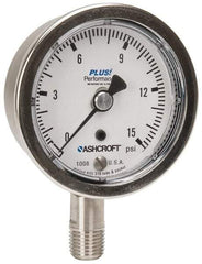 Ashcroft - 2-1/2" Dial, 1/4 Thread, 0-15 Scale Range, Pressure Gauge - Lower Connection Mount, Accurate to 3-2-3% of Scale - Eagle Tool & Supply