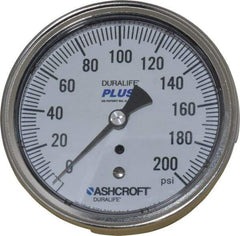 Ashcroft - 3-1/2" Dial, 1/4 Thread, 0-200 Scale Range, Pressure Gauge - Center Back Connection Mount, Accurate to 1% of Scale - Eagle Tool & Supply