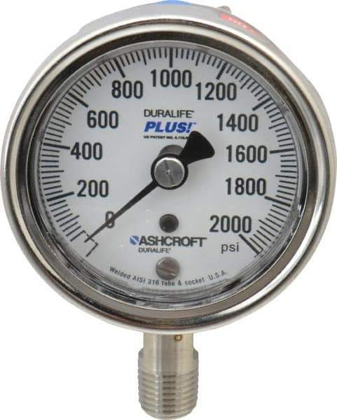 Ashcroft - 2-1/2" Dial, 1/4 Thread, 0-2,000 Scale Range, Pressure Gauge - Lower Connection Mount, Accurate to 1% of Scale - Eagle Tool & Supply