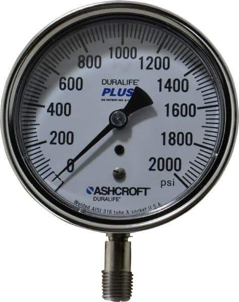 Ashcroft - 3-1/2" Dial, 1/4 Thread, 0-2,000 Scale Range, Pressure Gauge - Lower Connection Mount, Accurate to 1% of Scale - Eagle Tool & Supply