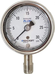 Ashcroft - 2-1/2" Dial, 1/4 Thread, 0-30 Scale Range, Pressure Gauge - Lower Connection Mount, Accurate to 1% of Scale - Eagle Tool & Supply