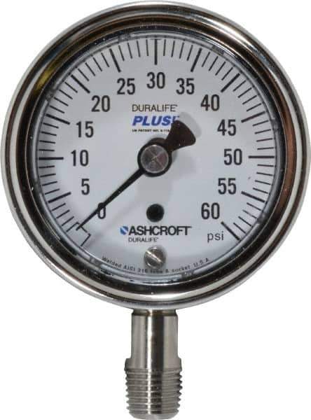 Ashcroft - 2-1/2" Dial, 1/4 Thread, 0-60 Scale Range, Pressure Gauge - Lower Connection Mount, Accurate to 1% of Scale - Eagle Tool & Supply