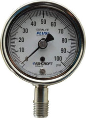 Ashcroft - 2-1/2" Dial, 1/4 Thread, 0-100 Scale Range, Pressure Gauge - Lower Connection Mount, Accurate to 1% of Scale - Eagle Tool & Supply